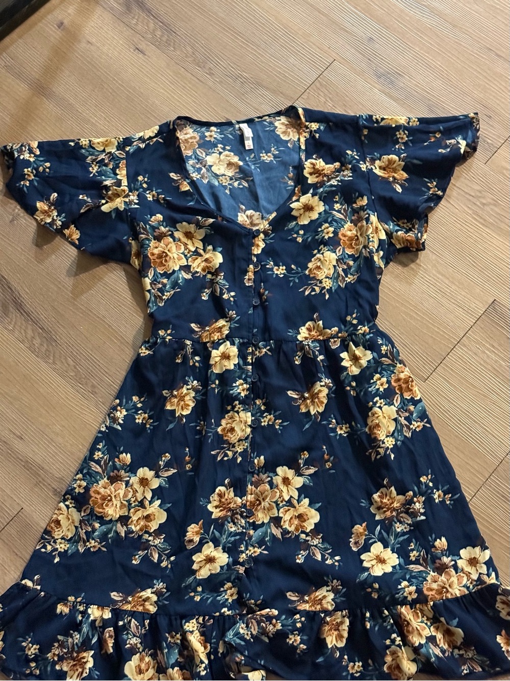 Xhilaration Navy Floral Button-Front Dress with Yellow Blooms